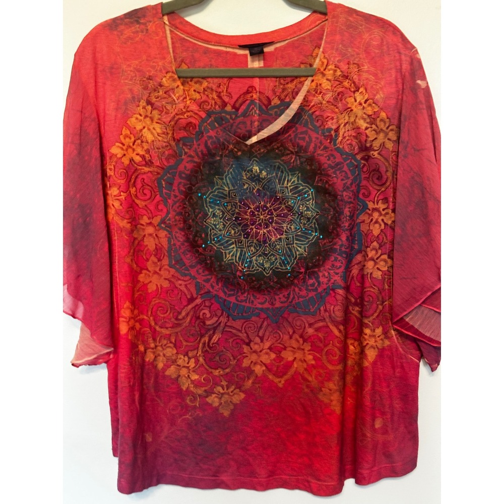Westbound Woman Red Mandala Tie Dye Butterfly Sleeve Blouse Plus 1X Rhinestone
